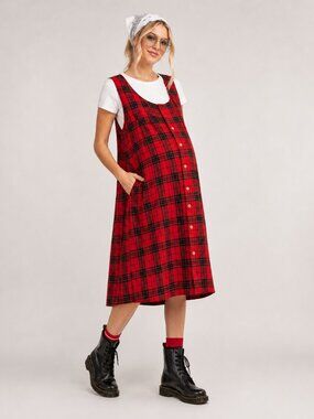 Red Plaid Maternity Jumper Dress Cotton Pinafore Cottagecore